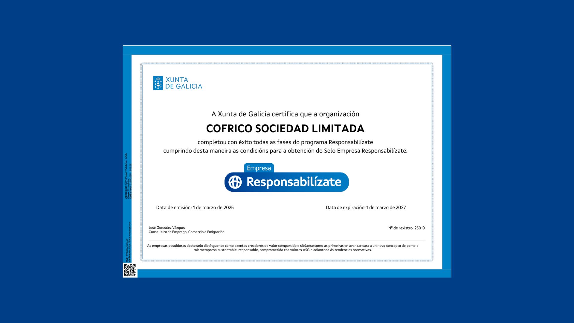 Cofrico recibe el Sello Responsabilízate por su compromiso con la sostenibilidad empresarial